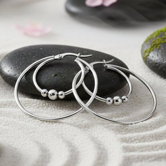 Minimalist Elegant Silver Beaded Stainless Steel Hoop Earrings β 1.4" Diameter - Picture 8 of 13